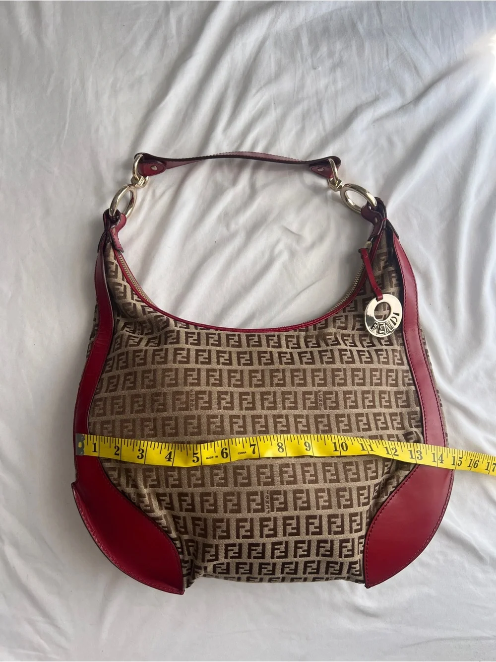 BNWOT vintage Fendi Zucchino FF Brown Monogram canvas Chef hobo bag Red Dust bag